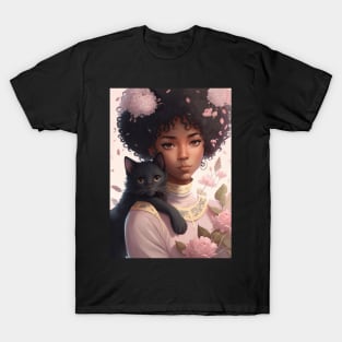 Beautiful Anime Black Girl WIth her Cute black cat T-Shirt